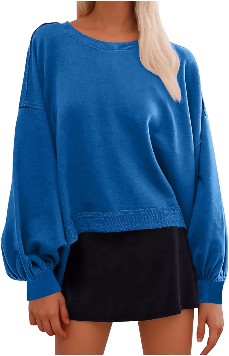 Sweatshirt for Women Cropped Drop Shoulder Pullover Classic Solid Color Loose Fit Tops Daily Dressy Casual Hoodie