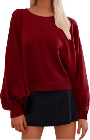 Sweatshirt for Women Cropped Drop Shoulder Pullover Classic Solid Color Loose Fit Tops Daily Dressy Casual Hoodie