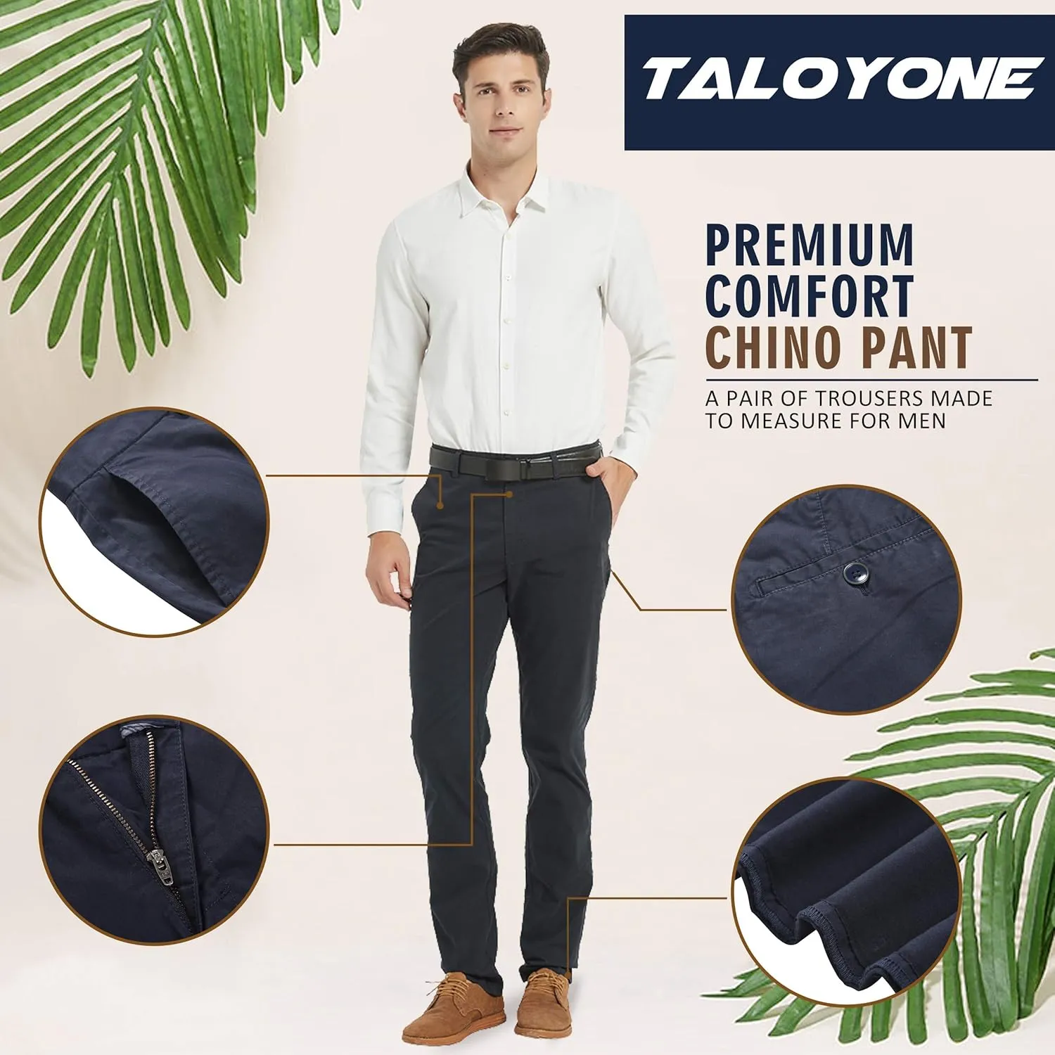 Taloyone Men's Straight Fit Stretch Classic Fit Slim Flat-Front Golf Chino Pant