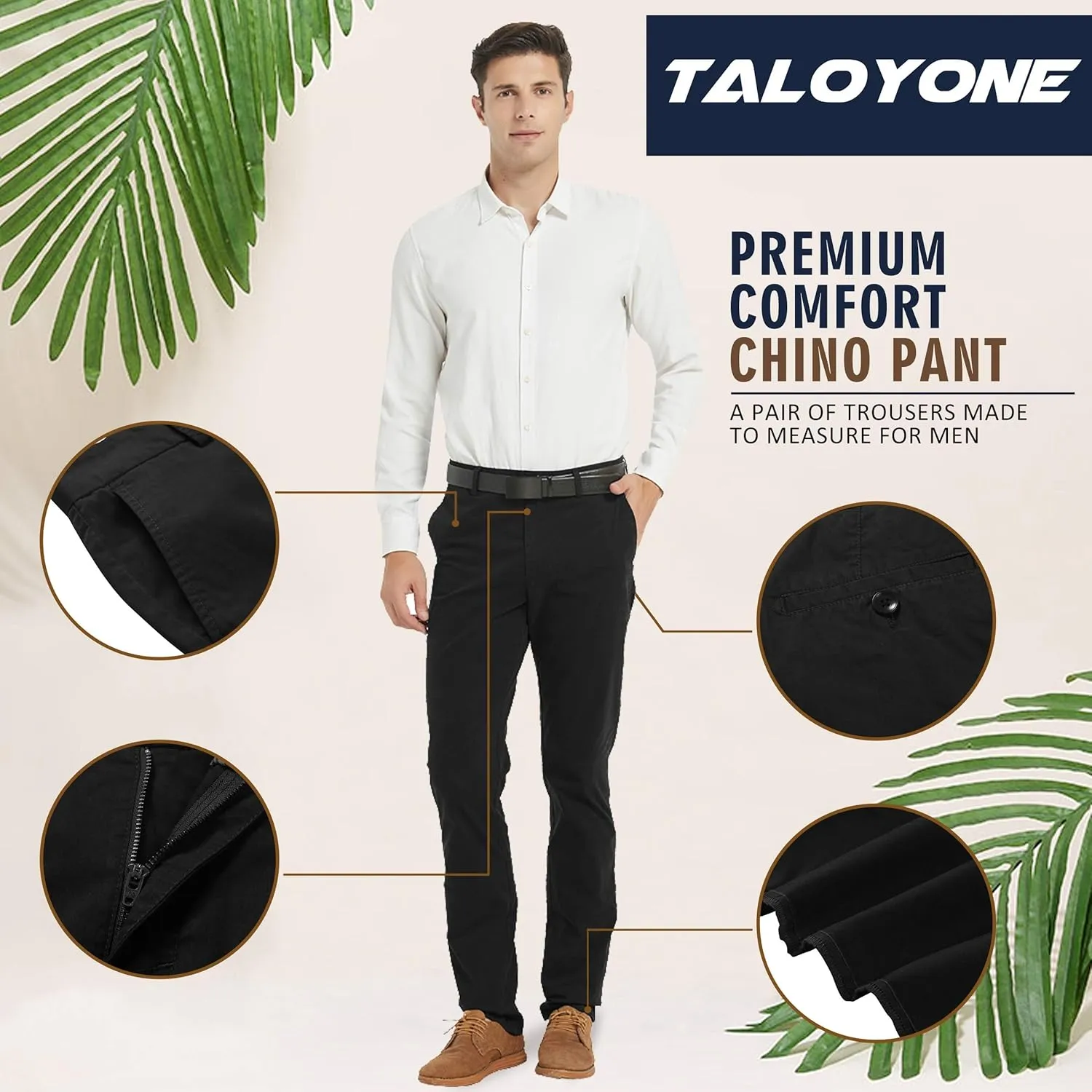 Taloyone Men's Straight Fit Stretch Classic Fit Slim Flat-Front Golf Chino Pant