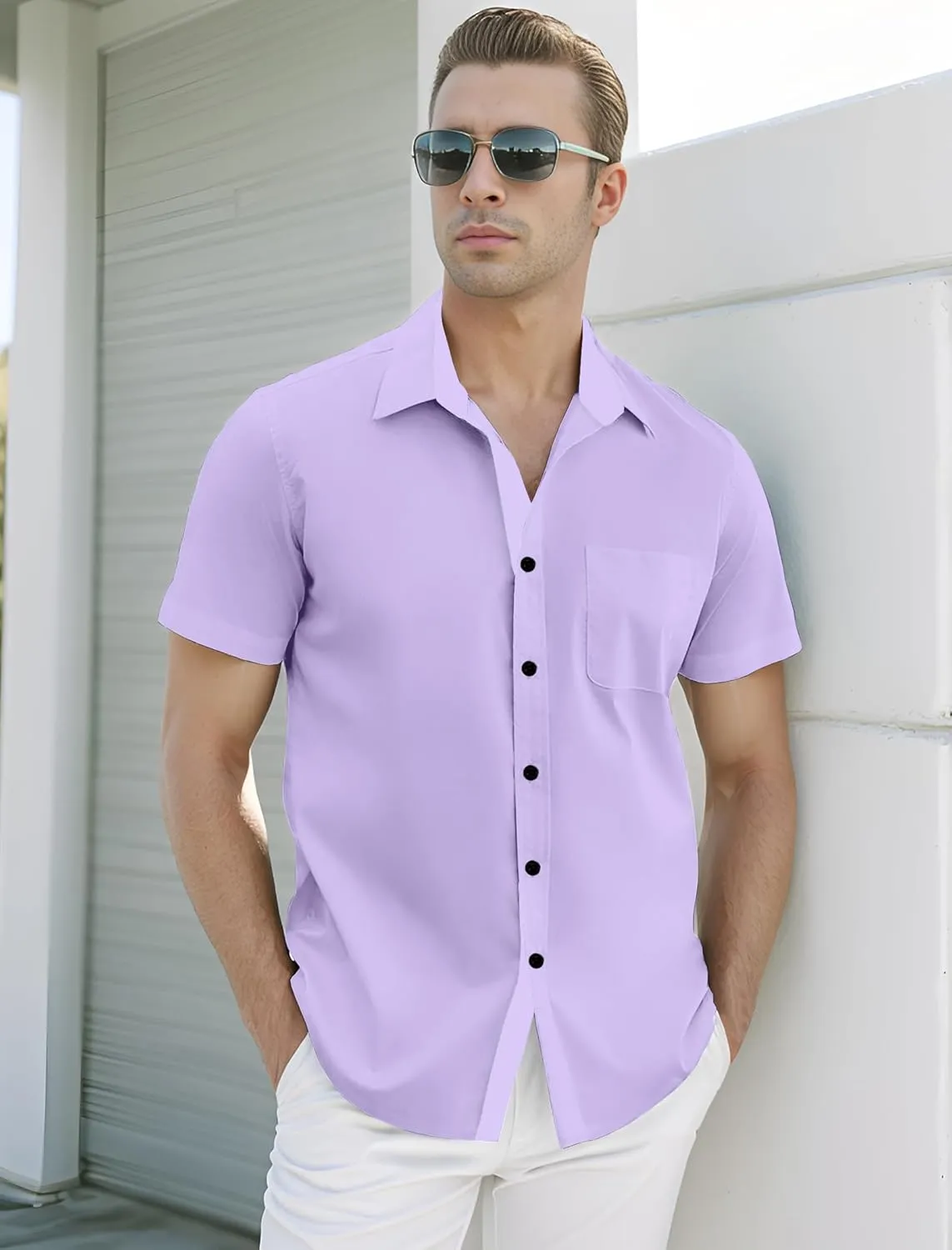 UOUA Men's Button Down Short Sleeve Dress Shirts Wrinkle Free Business Shirt Summer Casual Top
