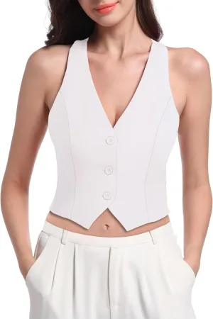 V VOCNI Vest for Women V Neck Suit Vest Sleeveless Racerback Fashion Dressy Crop Vest Top Fitted Jacket Waistcoat