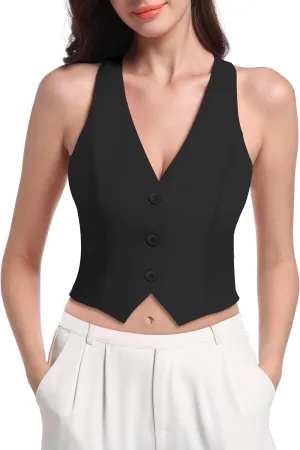 V VOCNI Vest for Women V Neck Suit Vest Sleeveless Racerback Fashion Dressy Crop Vest Top Fitted Jacket Waistcoat