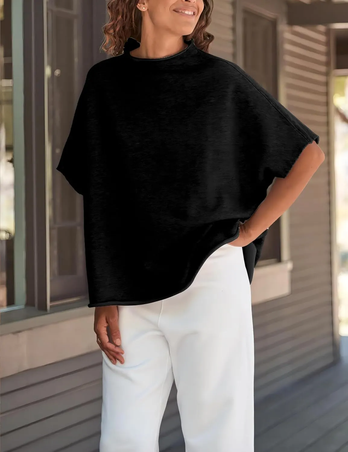 VAOYIU Women's Oversized Funnel Neck Tops 3/4 Batwing Sleeve Capelet Casual Travel Pullover Sweatshirts