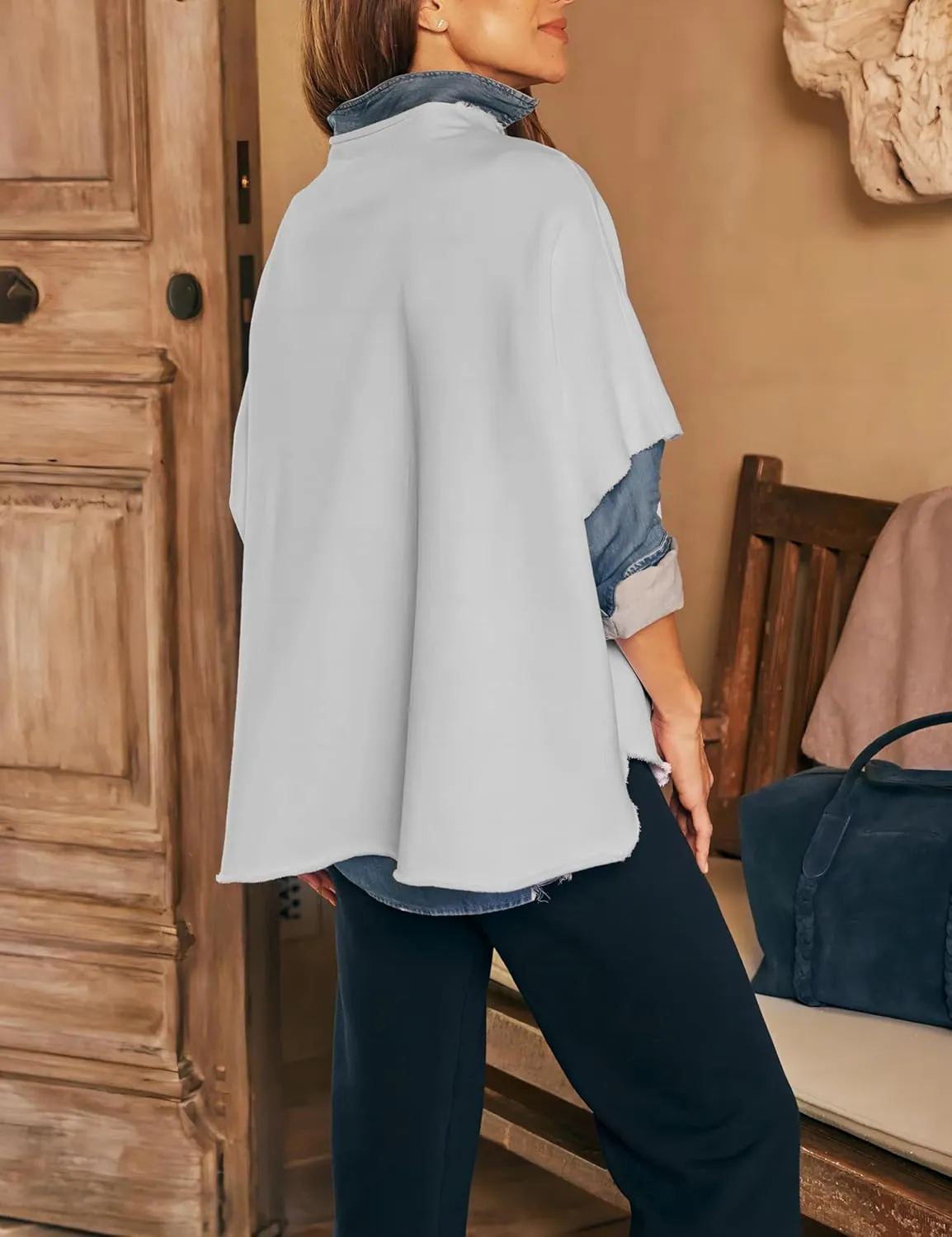 VAOYIU Women's Oversized Funnel Neck Tops 3/4 Batwing Sleeve Capelet Casual Travel Pullover Sweatshirts