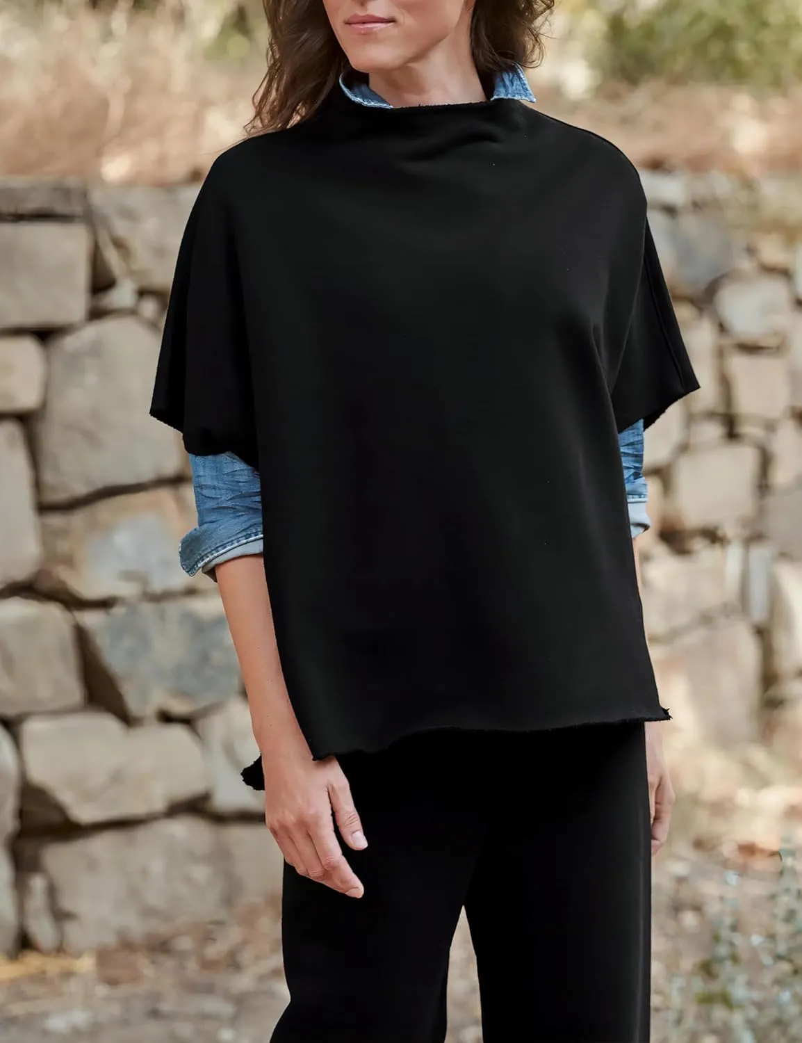 VAOYIU Women's Oversized Funnel Neck Tops 3/4 Batwing Sleeve Capelet Casual Travel Pullover Sweatshirts
