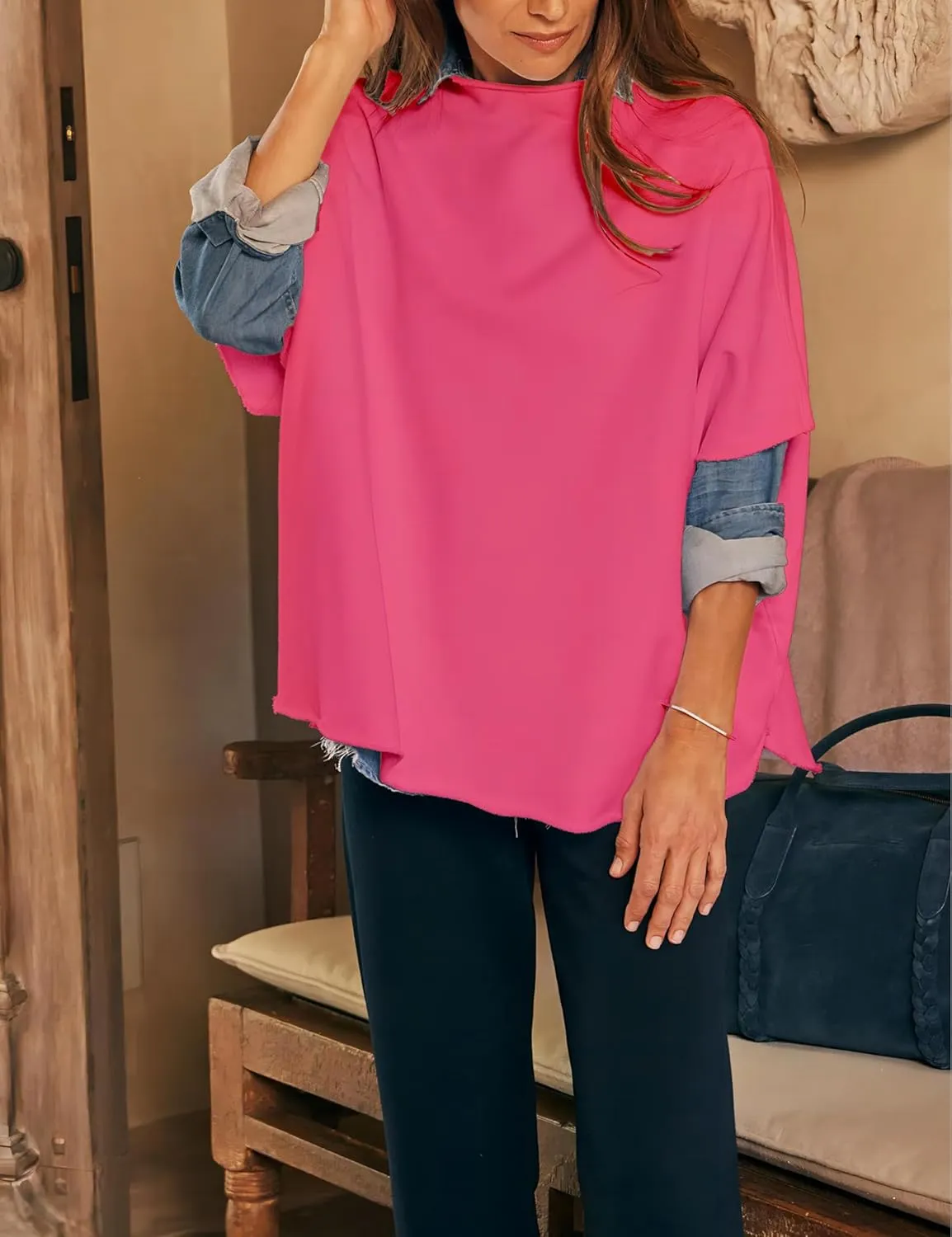VAOYIU Women's Oversized Funnel Neck Tops 3/4 Batwing Sleeve Capelet Casual Travel Pullover Sweatshirts