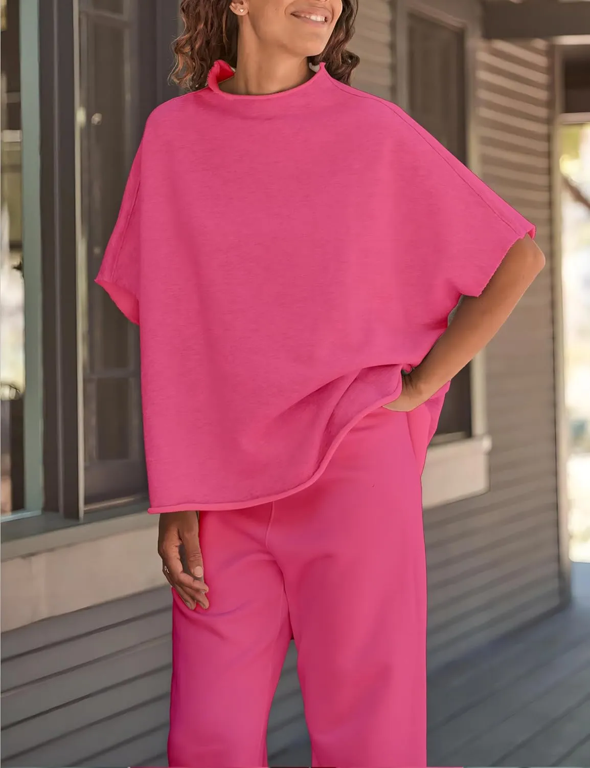 VAOYIU Women's Oversized Funnel Neck Tops 3/4 Batwing Sleeve Capelet Casual Travel Pullover Sweatshirts