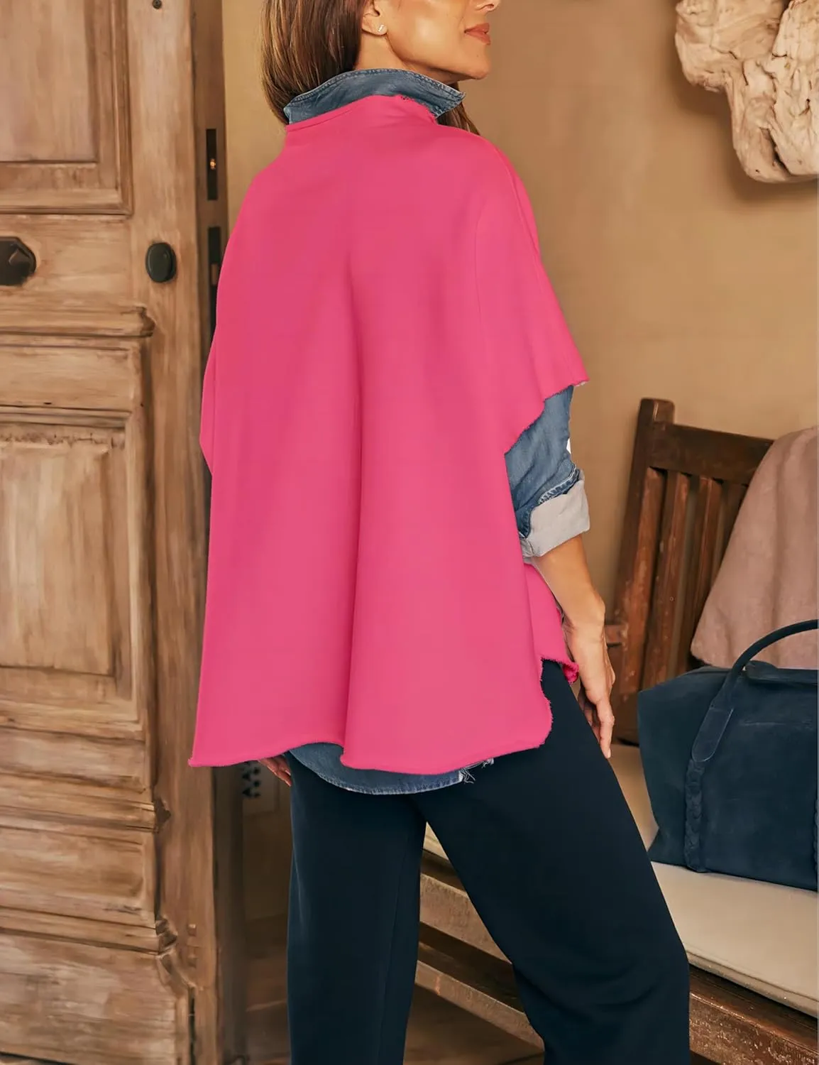 VAOYIU Women's Oversized Funnel Neck Tops 3/4 Batwing Sleeve Capelet Casual Travel Pullover Sweatshirts