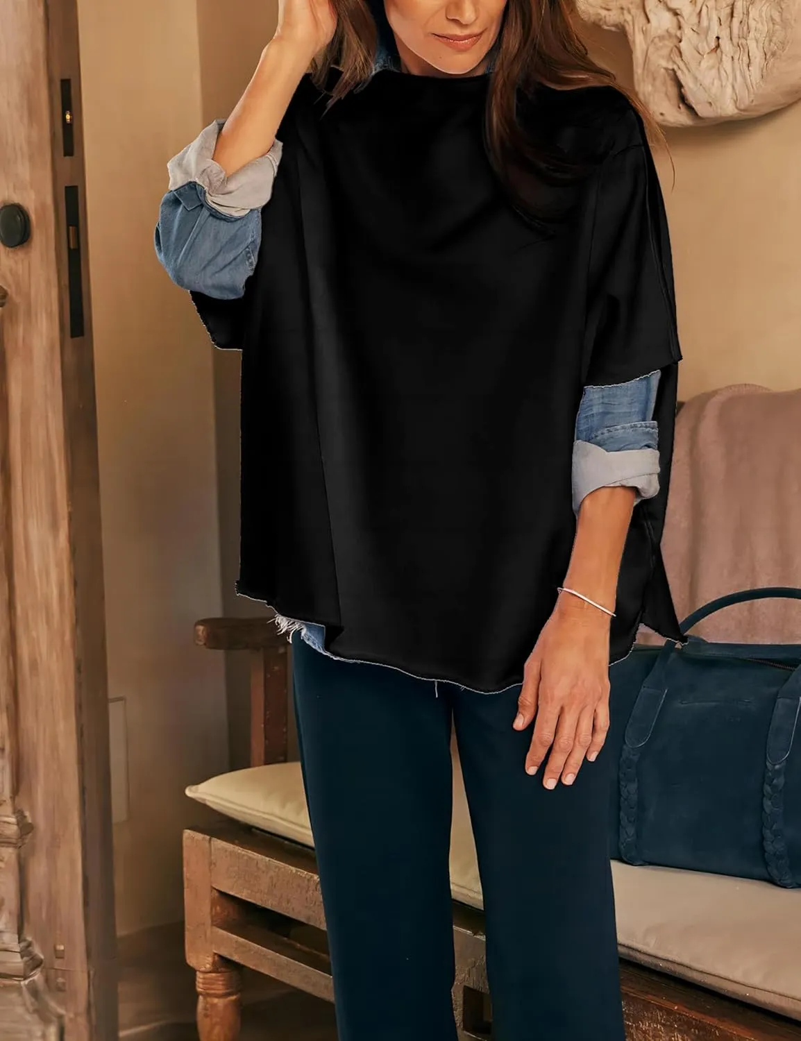 VAOYIU Women's Oversized Funnel Neck Tops 3/4 Batwing Sleeve Capelet Casual Travel Pullover Sweatshirts