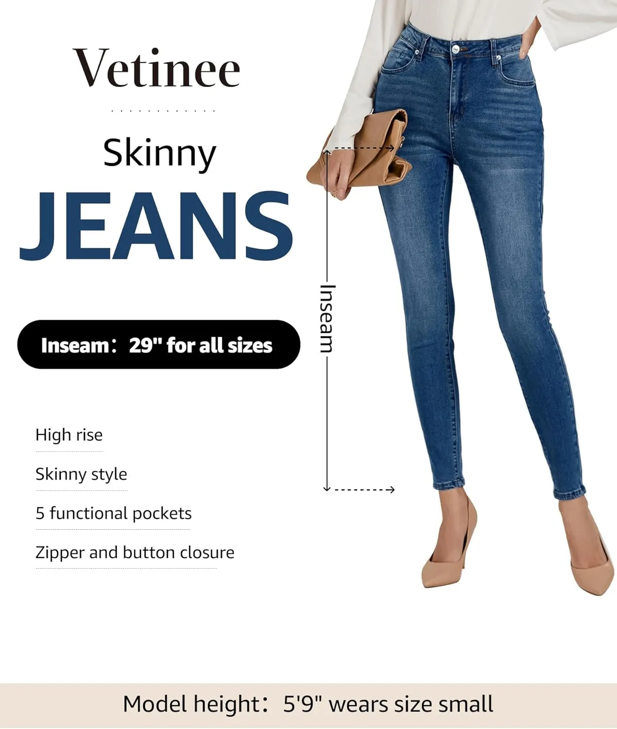 Vetinee Skinny Jeans for Women High Waisted Slim Fit Trendy Classic Stretchy Denim Pants Jean Leggings Jeggings Pockets