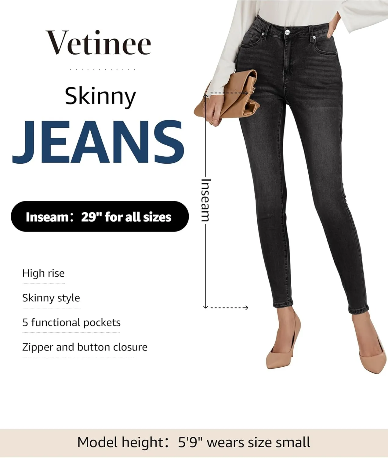 Vetinee Skinny Jeans for Women High Waisted Slim Fit Trendy Classic Stretchy Denim Pants Jean Leggings Jeggings Pockets