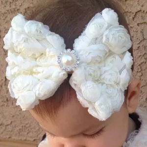 Vintage Girls Pearl Double Layer Rose Flowers Bowknot Headband Headwear Children Kids Hair Band Head Piece Accessories
