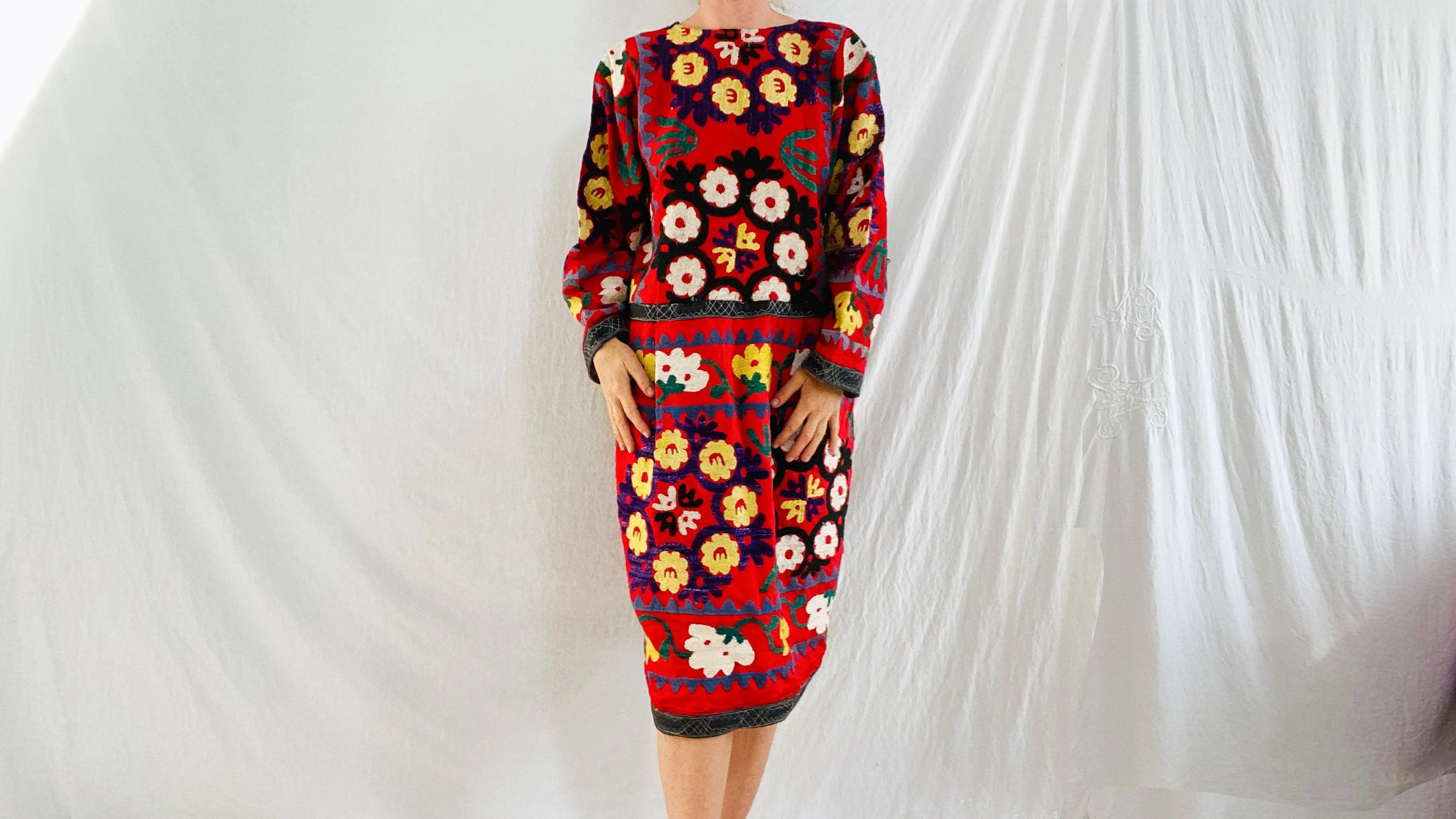 Vintage Uzbek Suzani Hand-Embroidered. Silk & Cotton Dress. XS-L