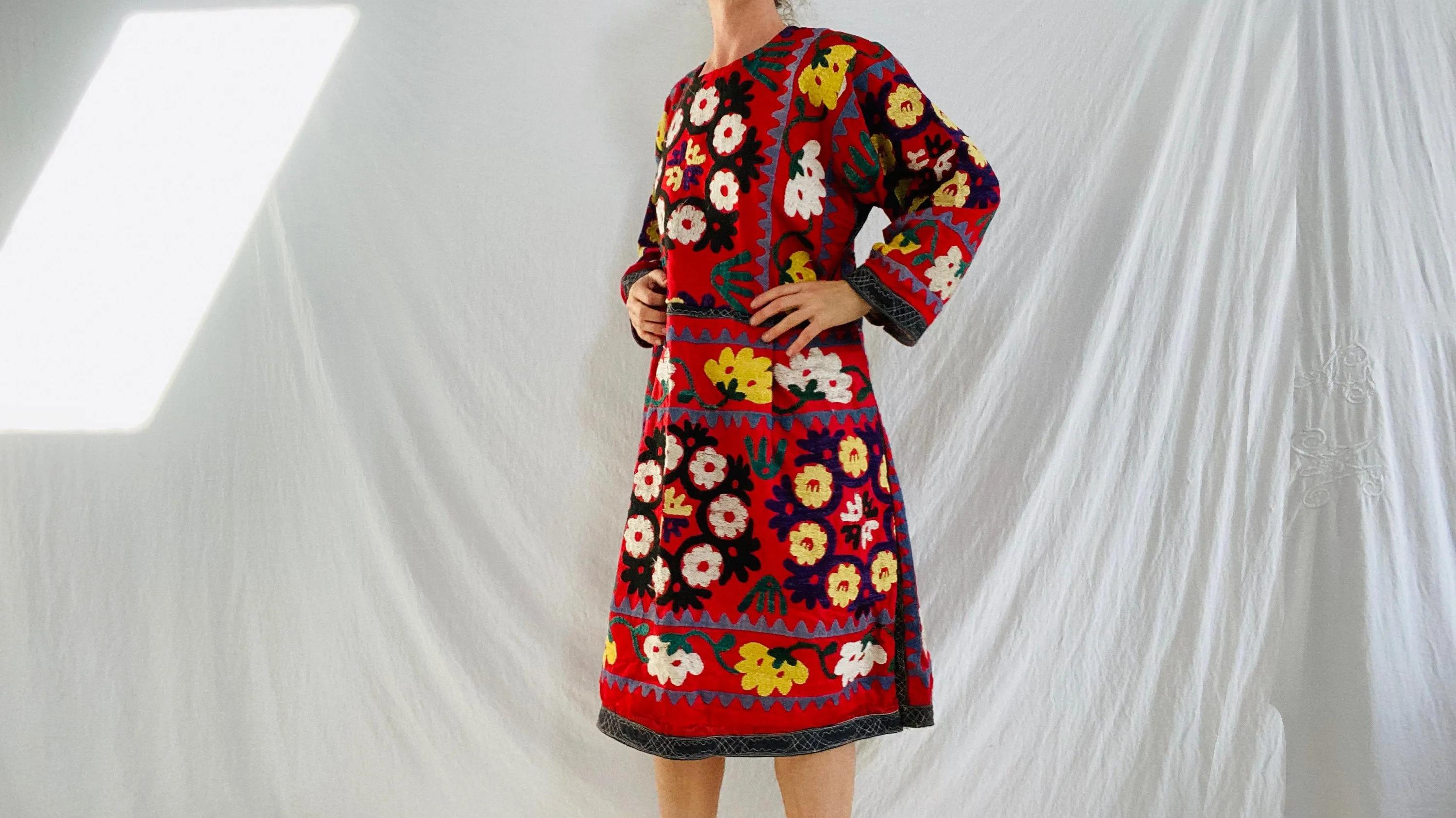Vintage Uzbek Suzani Hand-Embroidered. Silk & Cotton Dress. XS-L