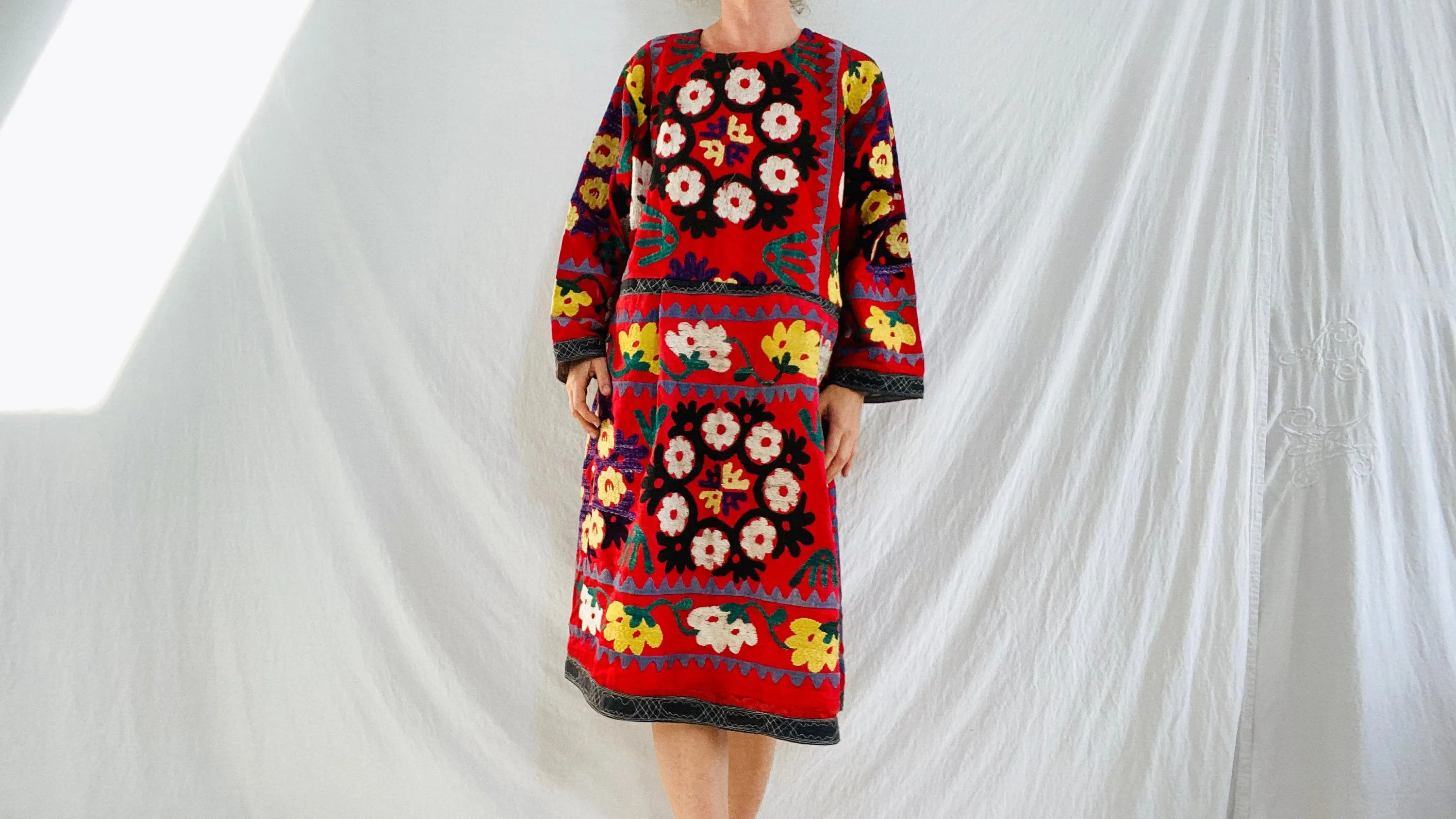 Vintage Uzbek Suzani Hand-Embroidered. Silk & Cotton Dress. XS-L