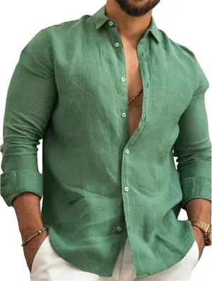 Wankang Men's Cotton Linen Shirts Long Sleeve Button Down Up T Shirt Plain Collared T-Shirts Casual Tee Beach Tshirt for Men