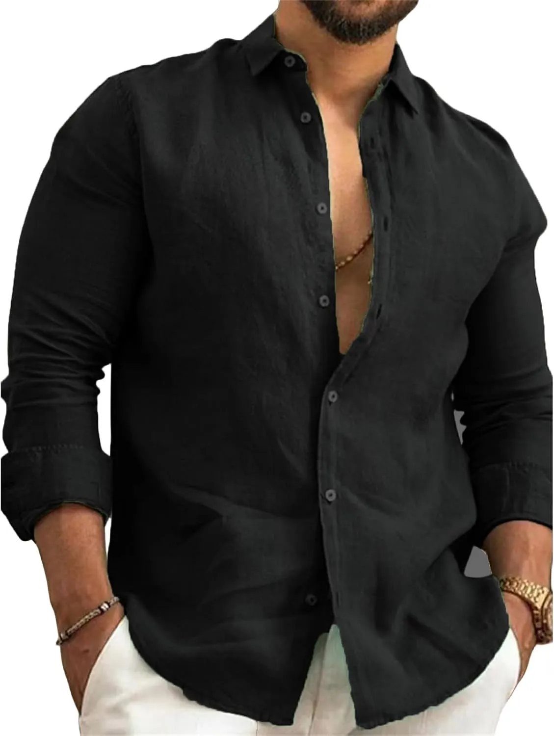 Wankang Men's Cotton Linen Shirts Long Sleeve Button Down Up T Shirt Plain Collared T-Shirts Casual Tee Beach Tshirt for Men