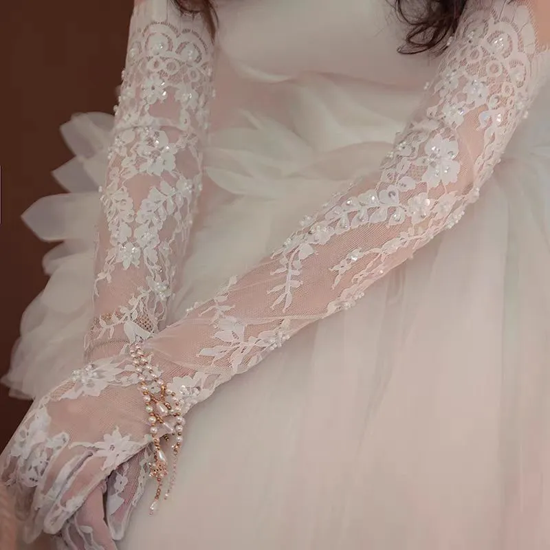 White Lace Embroidered Long Bridal Gloves with Sequin Details