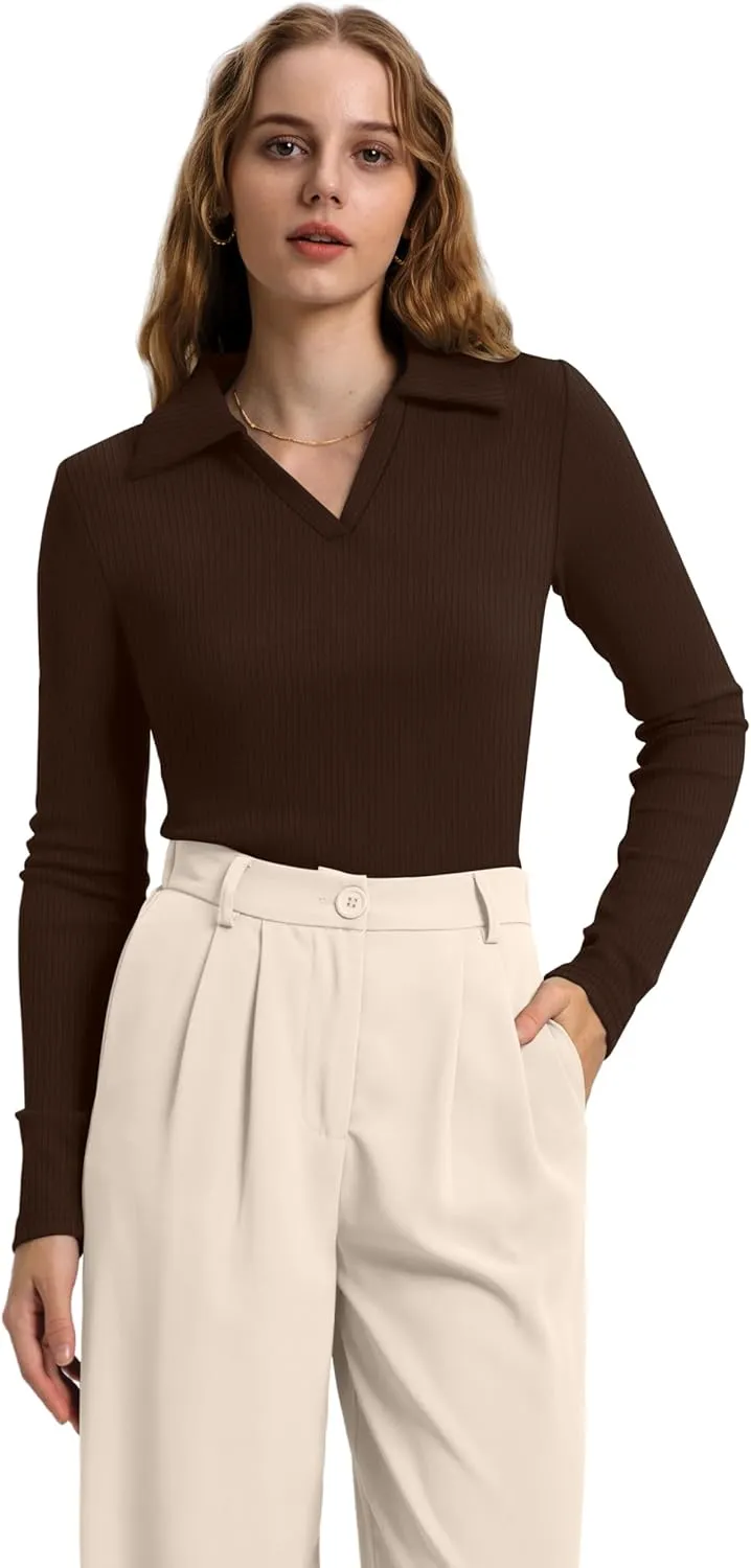 WIHOLL Womens Polo Shirts Long Sleeve Business Casual Tops Collared V Neck Ribbed Knit Sweater Slim Fit Blouses