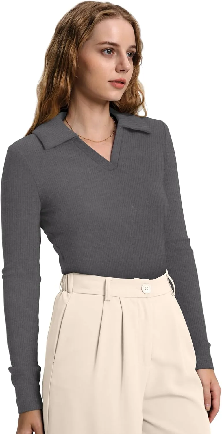 WIHOLL Womens Polo Shirts Long Sleeve Business Casual Tops Collared V Neck Ribbed Knit Sweater Slim Fit Blouses