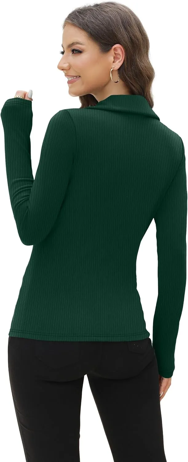 WIHOLL Womens Polo Shirts Long Sleeve Business Casual Tops Collared V Neck Ribbed Knit Sweater Slim Fit Blouses