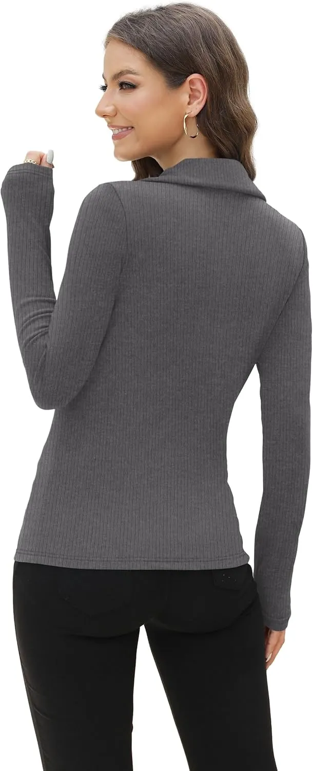 WIHOLL Womens Polo Shirts Long Sleeve Business Casual Tops Collared V Neck Ribbed Knit Sweater Slim Fit Blouses