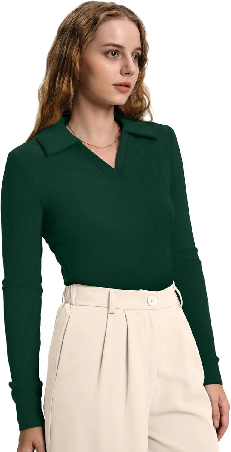 WIHOLL Womens Polo Shirts Long Sleeve Business Casual Tops Collared V Neck Ribbed Knit Sweater Slim Fit Blouses