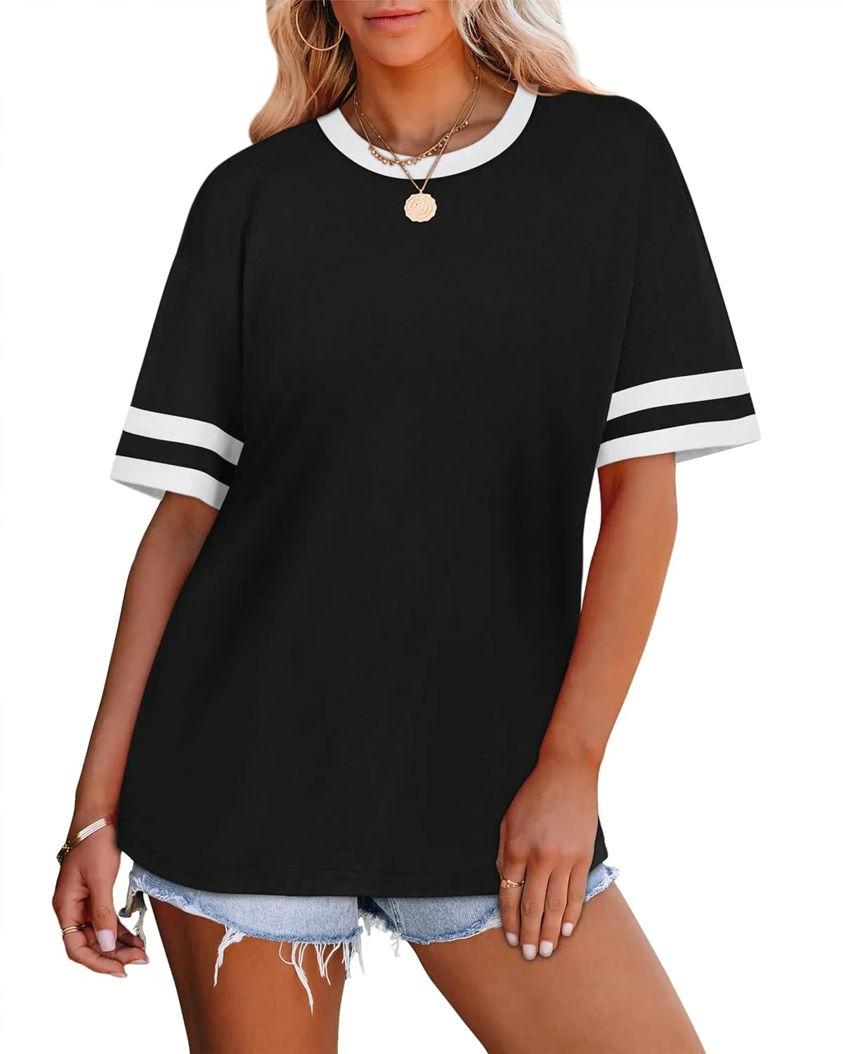 WIHOLL Womens T Shirts Loose Fit Short Sleeve Tees Crew Neck Color Block Summer Tops 2025 Fashion