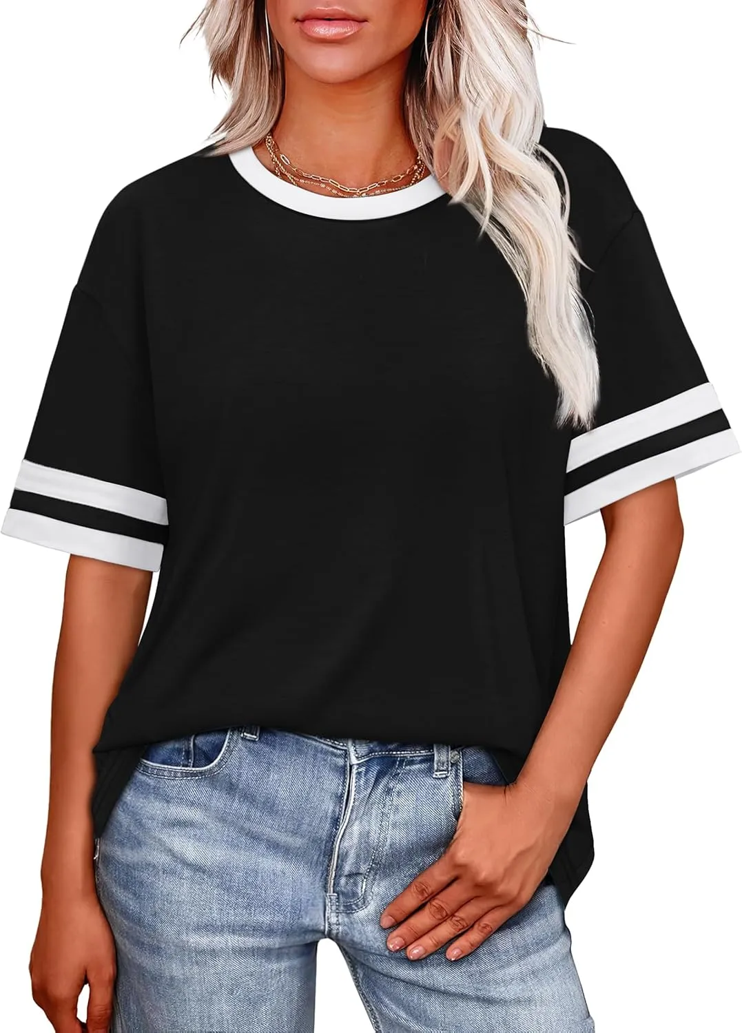 WIHOLL Womens T Shirts Loose Fit Short Sleeve Tees Crew Neck Color Block Summer Tops 2025 Fashion