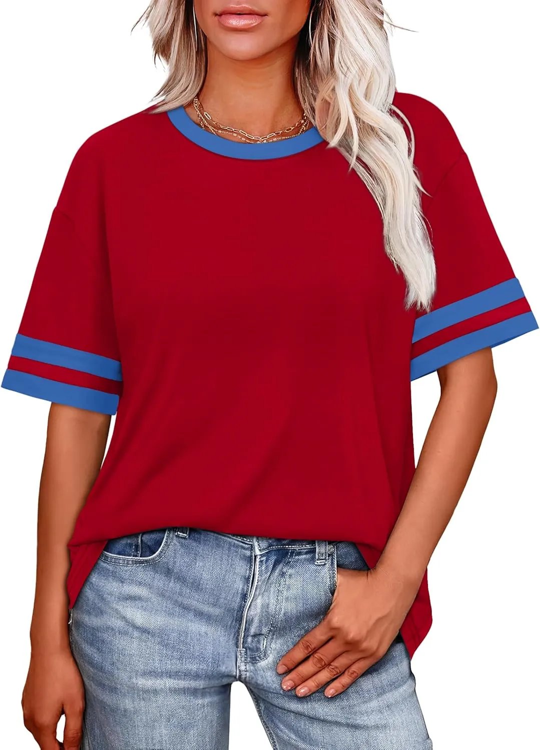 WIHOLL Womens T Shirts Loose Fit Short Sleeve Tees Crew Neck Color Block Summer Tops 2025 Fashion