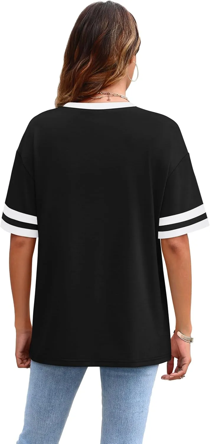 WIHOLL Womens T Shirts Loose Fit Short Sleeve Tees Crew Neck Color Block Summer Tops 2025 Fashion