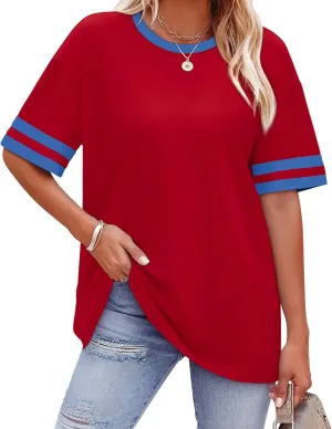 WIHOLL Womens T Shirts Loose Fit Short Sleeve Tees Crew Neck Color Block Summer Tops 2025 Fashion