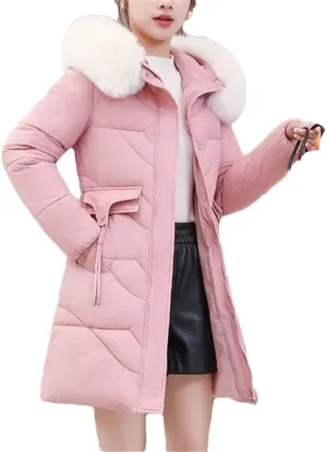 Winter Down Cotton-Padded Jacket Ladies' Warm Collar Pocket Coat Long Versatile Loose Slim Fashion Zipper Overcoat