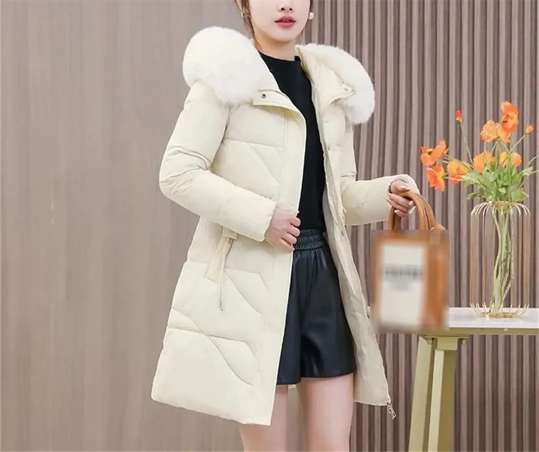 Winter Down Cotton-Padded Jacket Ladies' Warm Collar Pocket Coat Long Versatile Loose Slim Fashion Zipper Overcoat