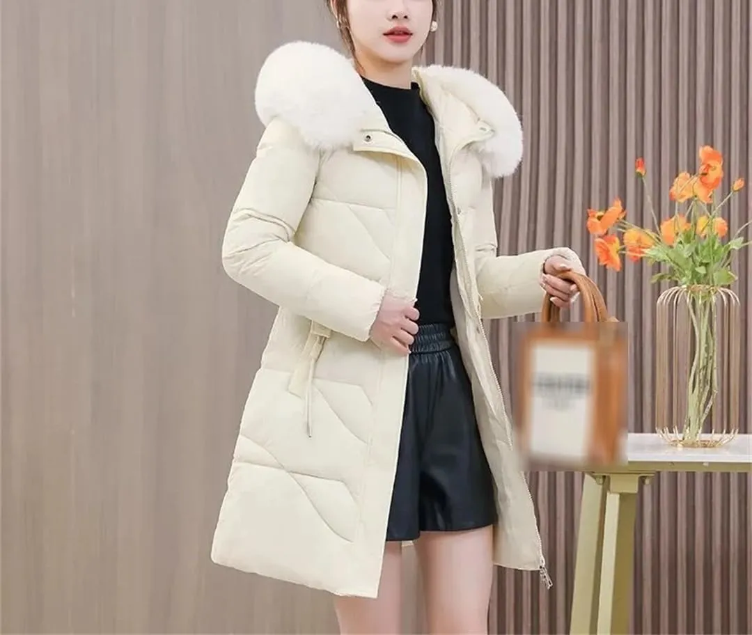 Winter Down Cotton-Padded Jacket Ladies' Warm Collar Pocket Coat Long Versatile Loose Slim Fashion Zipper Overcoat