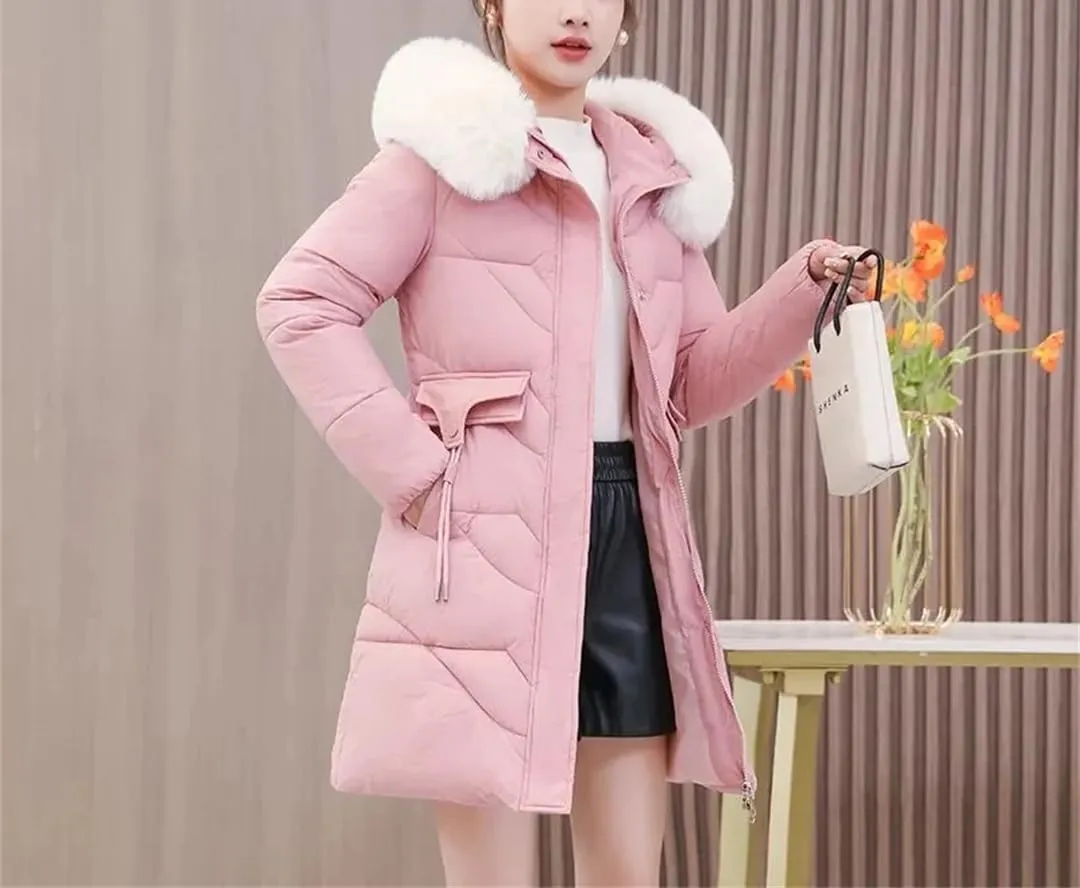 Winter Down Cotton-Padded Jacket Ladies' Warm Collar Pocket Coat Long Versatile Loose Slim Fashion Zipper Overcoat