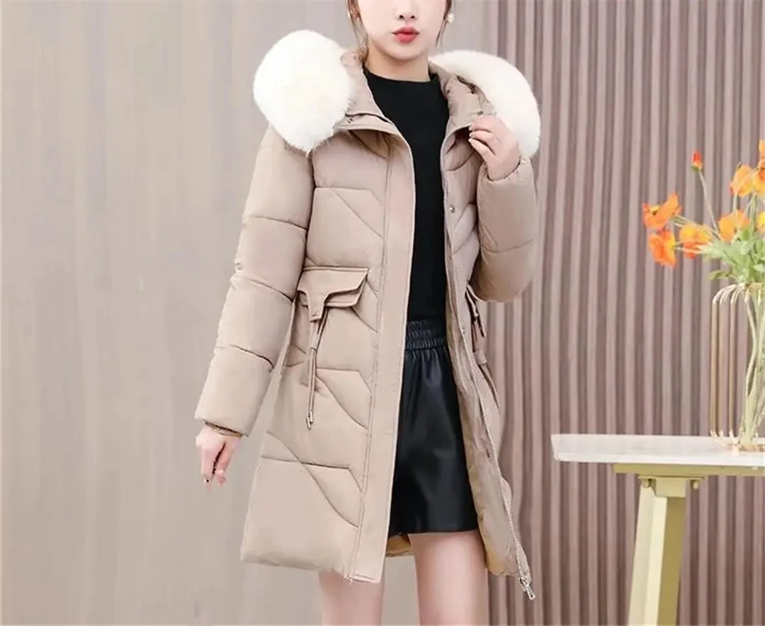 Winter Down Cotton-Padded Jacket Ladies' Warm Collar Pocket Coat Long Versatile Loose Slim Fashion Zipper Overcoat
