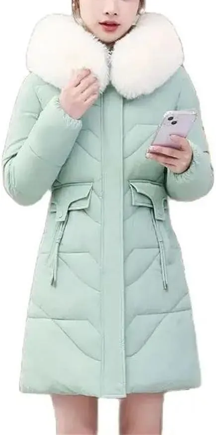 Winter Down Cotton-Padded Jacket Ladies' Warm Collar Pocket Coat Long Versatile Loose Slim Fashion Zipper Overcoat