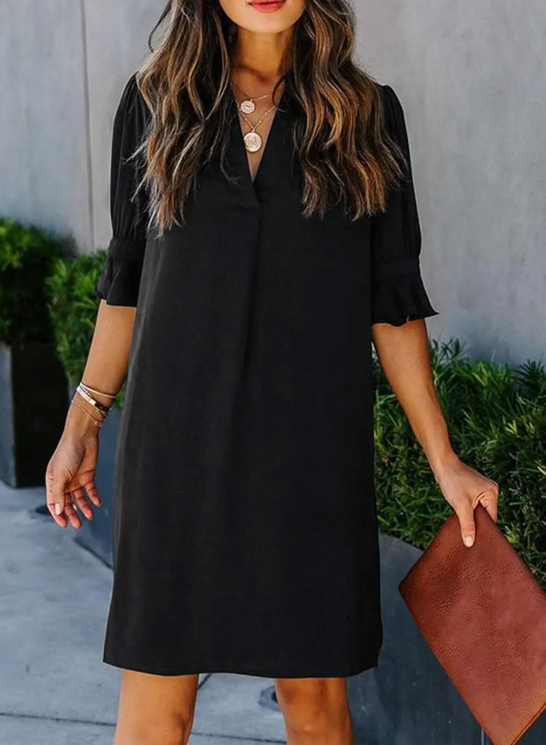 Wkior Shift Dress for Women V Neck Short Sleeves Solid Color Casual Flowy Summer Dresses(S-2XL)