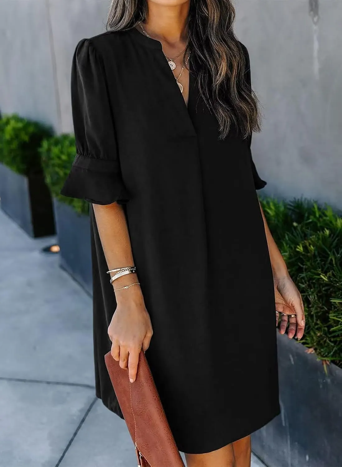 Wkior Shift Dress for Women V Neck Short Sleeves Solid Color Casual Flowy Summer Dresses(S-2XL)