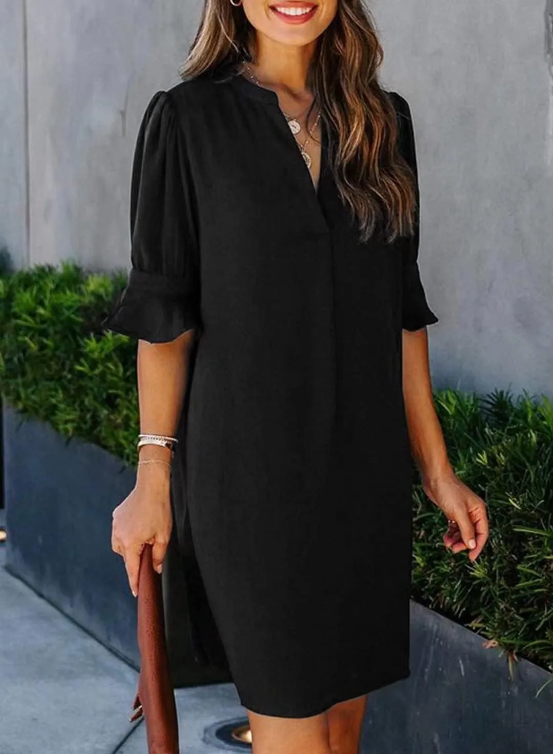 Wkior Shift Dress for Women V Neck Short Sleeves Solid Color Casual Flowy Summer Dresses(S-2XL)