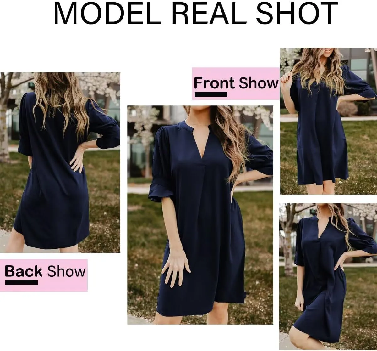 Wkior Shift Dress for Women V Neck Short Sleeves Solid Color Casual Flowy Summer Dresses(S-2XL)