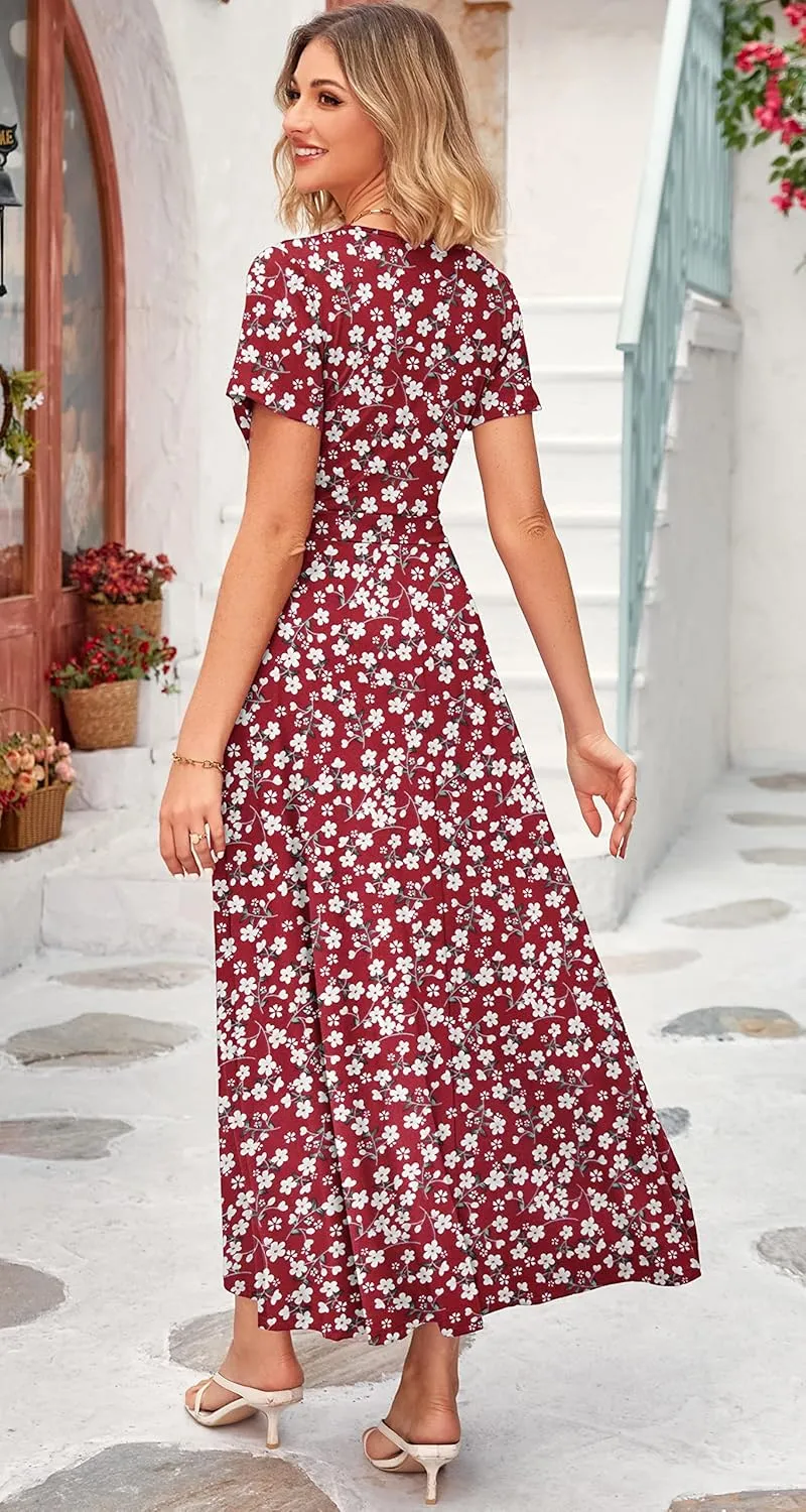 WNEEDU Women's Summer Maxi Dress Short Sleeves Wrap V Neck Long Dresses with Pockets