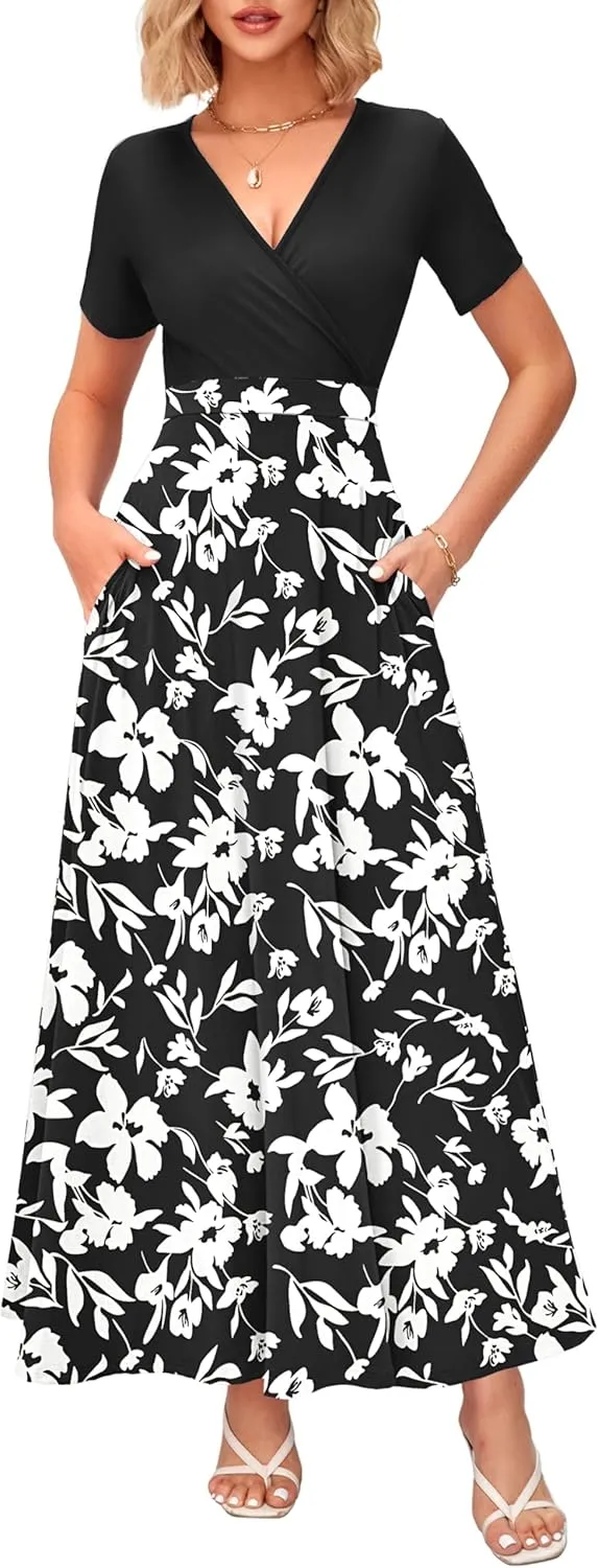 WNEEDU Women's Summer Maxi Dress Short Sleeves Wrap V Neck Long Dresses with Pockets