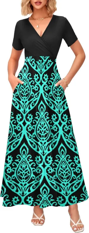 WNEEDU Women's Summer Maxi Dress Short Sleeves Wrap V Neck Long Dresses with Pockets