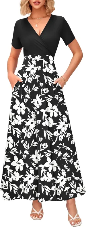 WNEEDU Women's Summer Maxi Dress Short Sleeves Wrap V Neck Long Dresses with Pockets