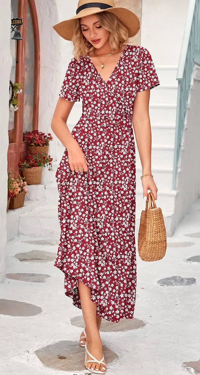 WNEEDU Women's Summer Maxi Dress Short Sleeves Wrap V Neck Long Dresses with Pockets