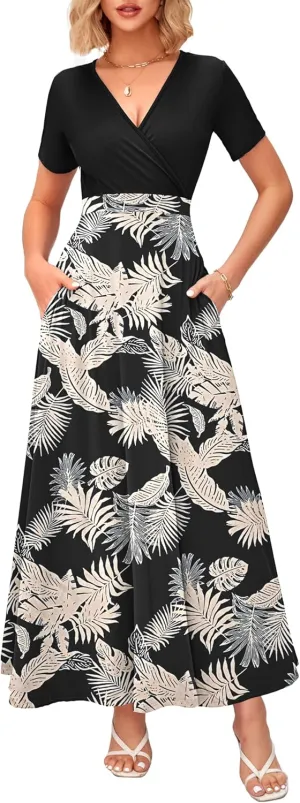 WNEEDU Women's Summer Maxi Dress Short Sleeves Wrap V Neck Long Dresses with Pockets