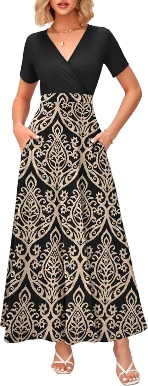 WNEEDU Women's Summer Maxi Dress Short Sleeves Wrap V Neck Long Dresses with Pockets